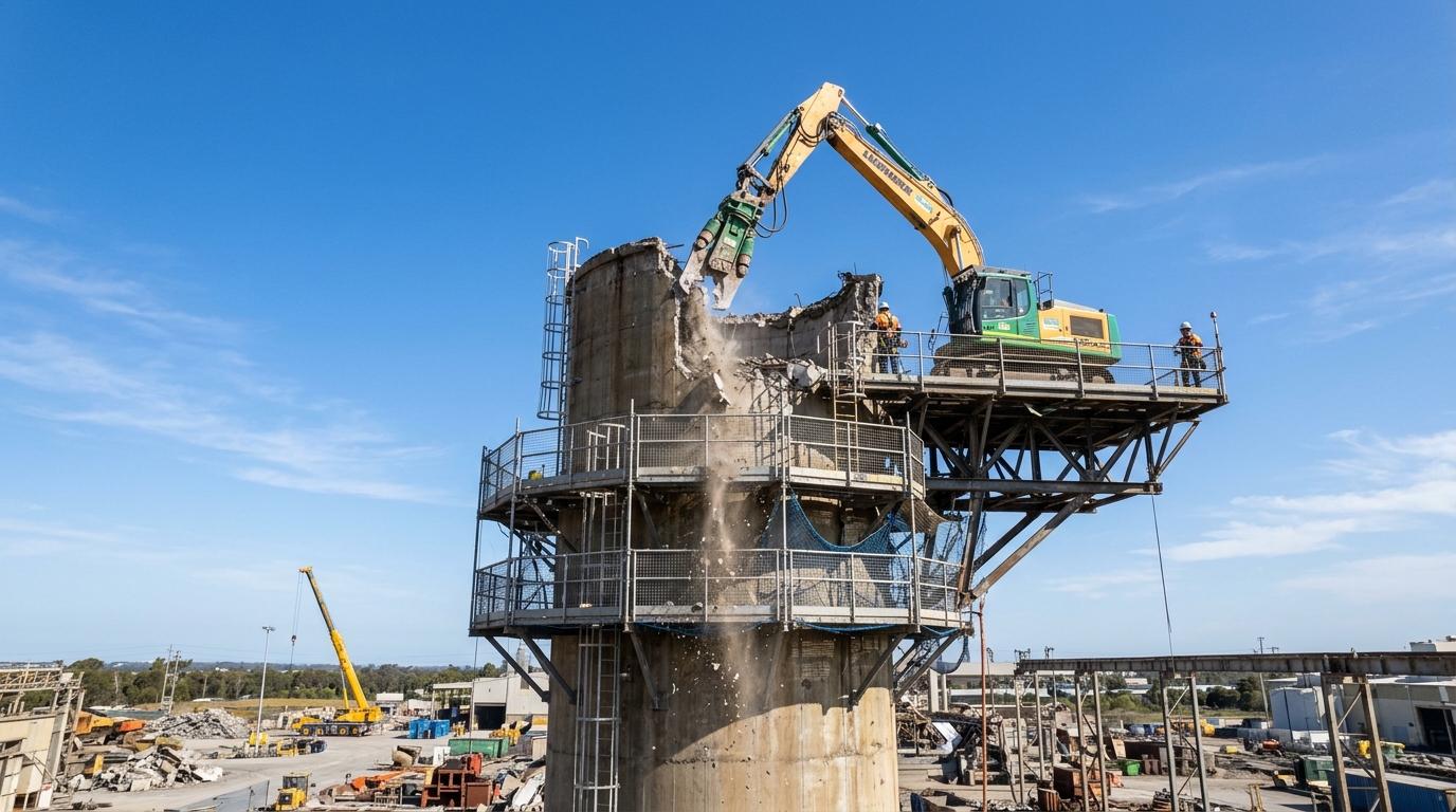 Industrial concrete chimney stack being deconstructed