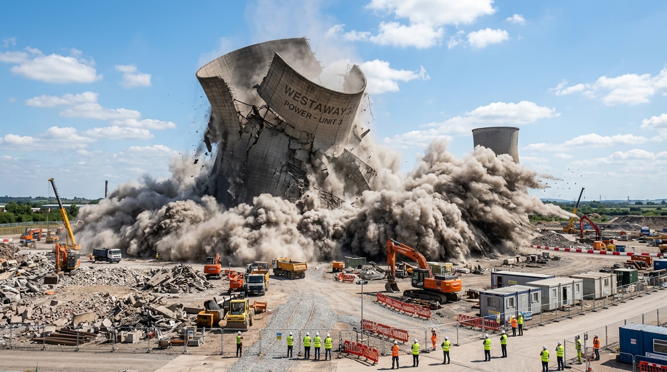 Industrial concrete cooling tower collapsing