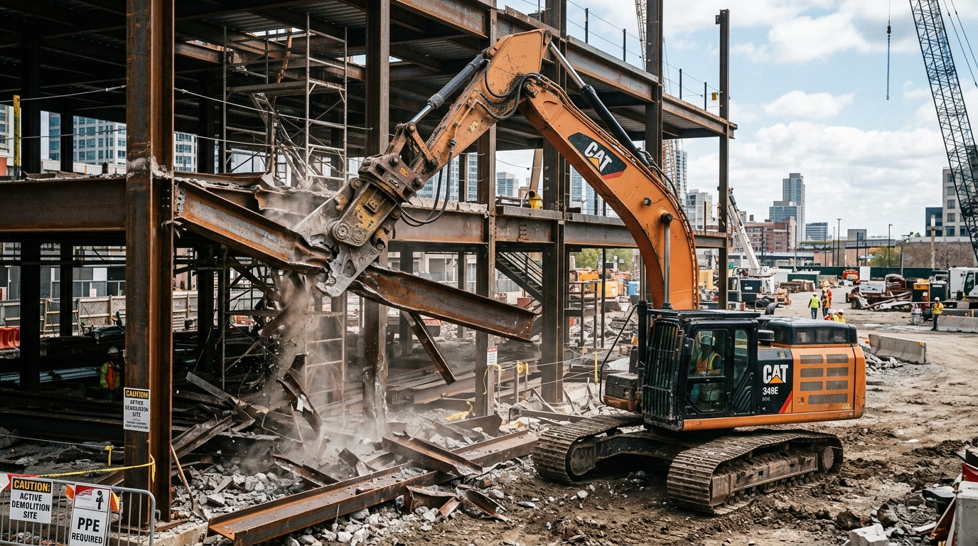 Heavy crawler excavator shearing structural steel warehouse beams