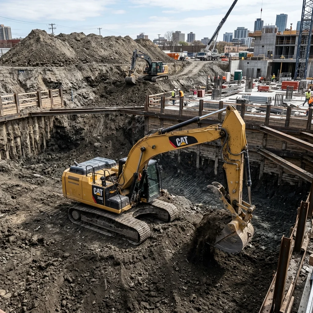 Heavy crawler excavator loading masonry debris into transport dumper