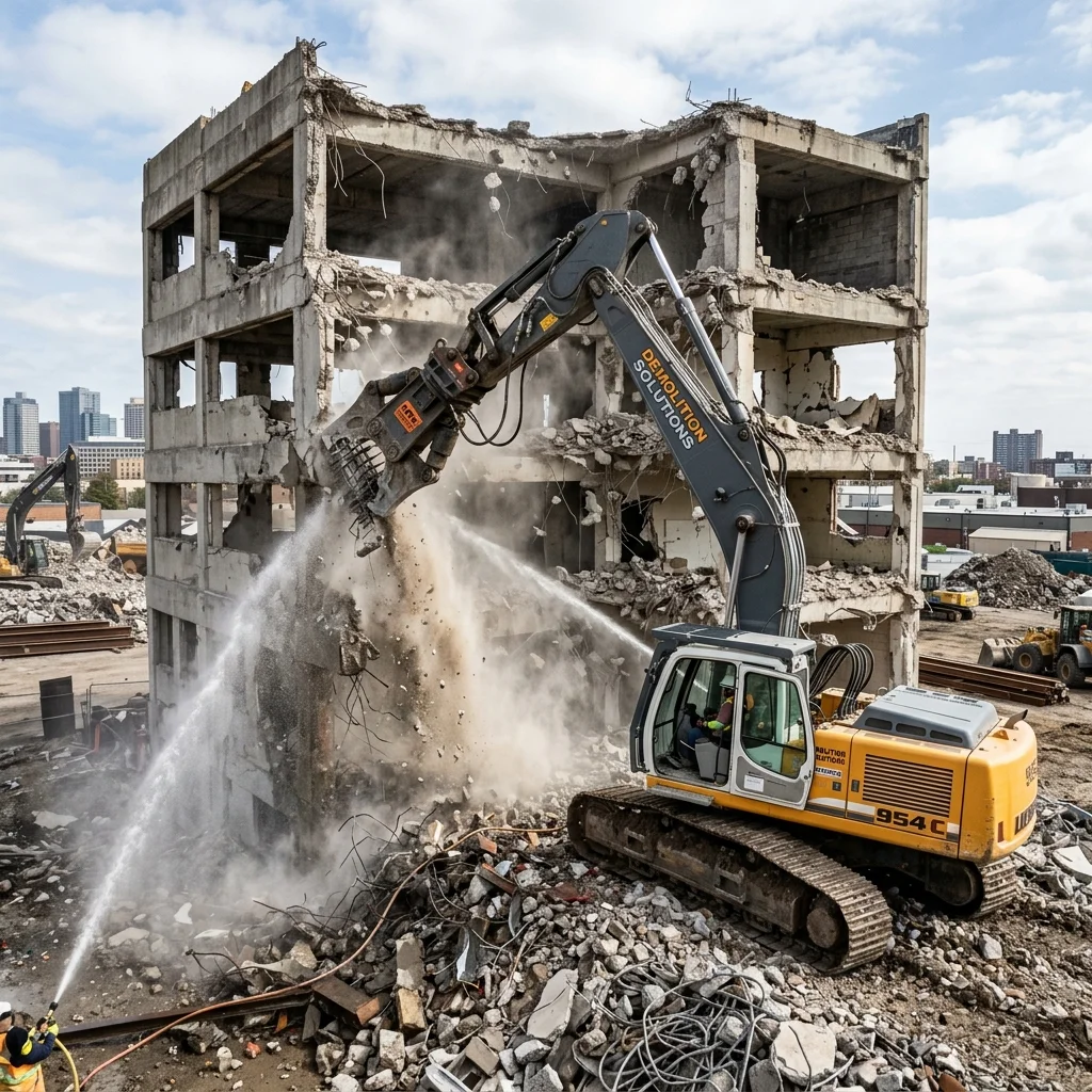 Heavy excavator on deconstruction site